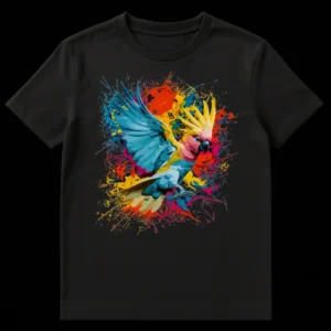 Dynamic Cockatoo Flight Unisex T-Shirt with vibrant paint splatter art of a cockatoo in hot pink, yellow, teal, and orange on a black background. on Black t-shirt