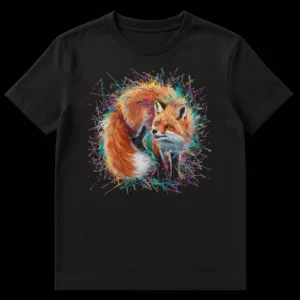 Vibrant splatter art fox t-shirt design with a colorful fox illustration on a black background on Black t-shirt