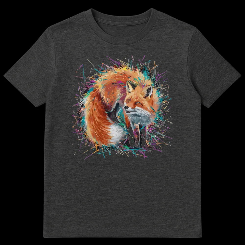 Vibrant splatter art fox t-shirt design with a colorful fox illustration on a black background on Dark Heather t-shirt