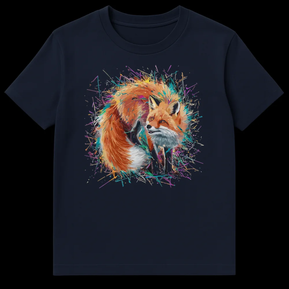 Vibrant splatter art fox t-shirt design with a colorful fox illustration on a black background on Navy Blue t-shirt