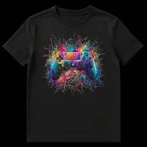 Vibrant PlayStation controller t-shirt with paint splatter design in neon magenta, orange, yellow, teal, and purple on black background, showcasing gaming energy. on Black t-shirt