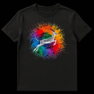 Leaping gazelle or springbok t-shirt with rainbow paint splatter background on black fabric on Black t-shirt