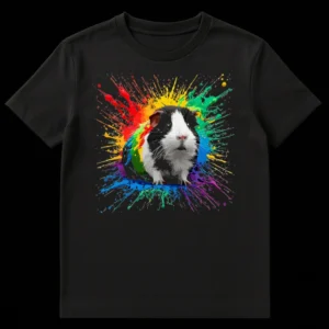 Black and white guinea pig emerging from vibrant rainbow paint splatters on a black t-shirt. on Black t-shirt