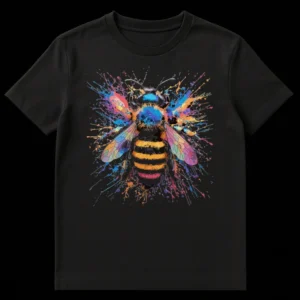 Rainbow Splatter Art Bee T-Shirt design featuring a detailed honeybee with vibrant, multicolored paint splatters on a black background on Black t-shirt