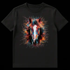 Vibrant abstract horse head t-shirt with colorful paint splatters on black on Black t-shirt