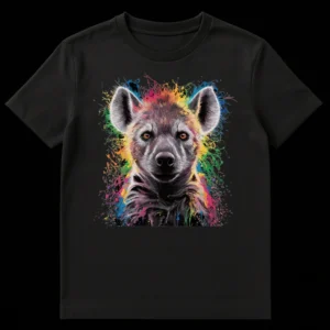 Vibrant abstract art t-shirt with a realistic spotted hyena face surrounded by colorful paint splatters on a black background. on Black t-shirt