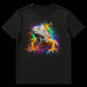 Vibrant Iguana Art T-shirt with colorful paint splatters on a black background on Black t-shirt