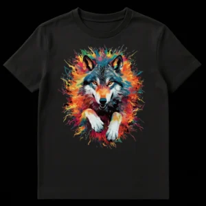 Abstract Expressionist Wolf T-Shirt with vibrant paint splatters in blue, orange, red, and green against a black background, showing a fierce wolf. on Black t-shirt