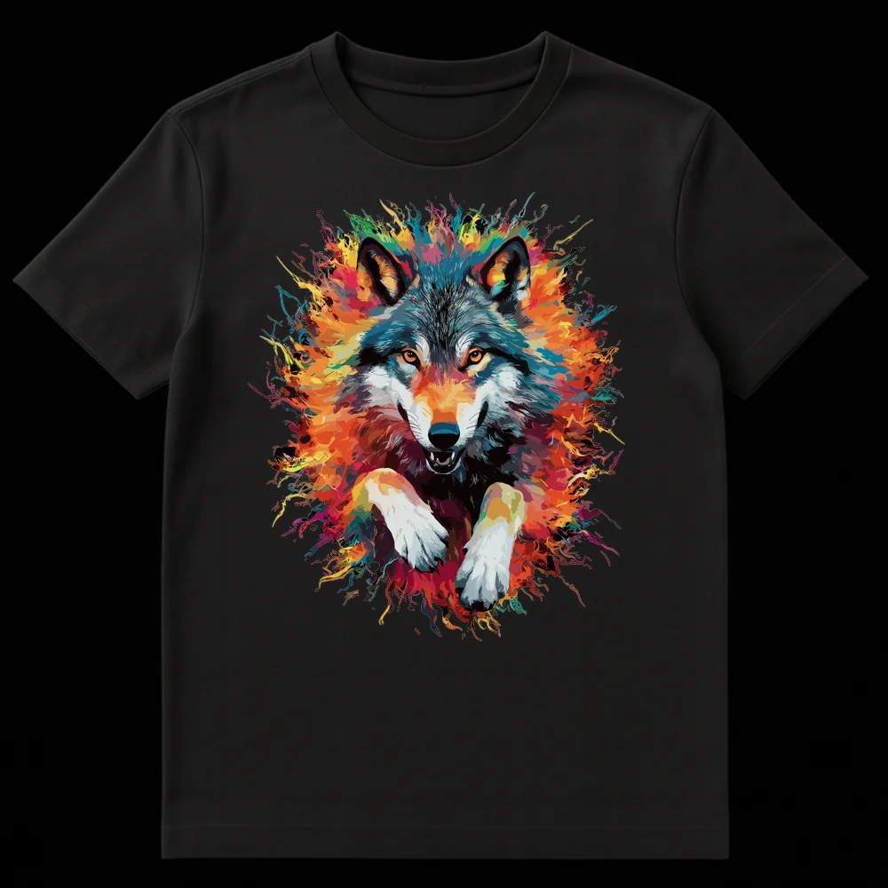 Abstract Expressionist Wolf T-Shirt with vibrant paint splatters in blue, orange, red, and green against a black background, showing a fierce wolf. on Black t-shirt