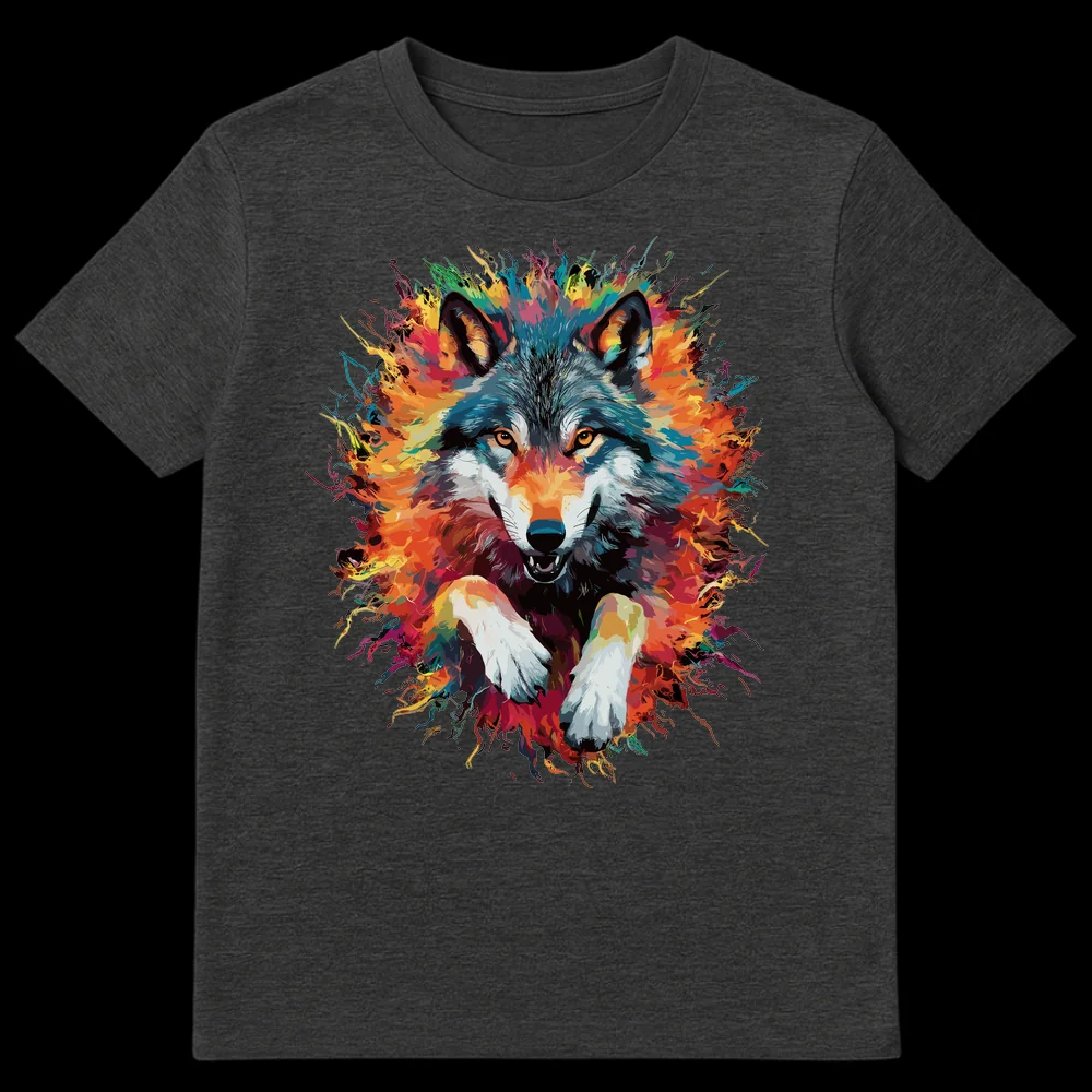 Abstract Expressionist Wolf T-Shirt with vibrant paint splatters in blue, orange, red, and green against a black background, showing a fierce wolf. on Dark Heather t-shirt