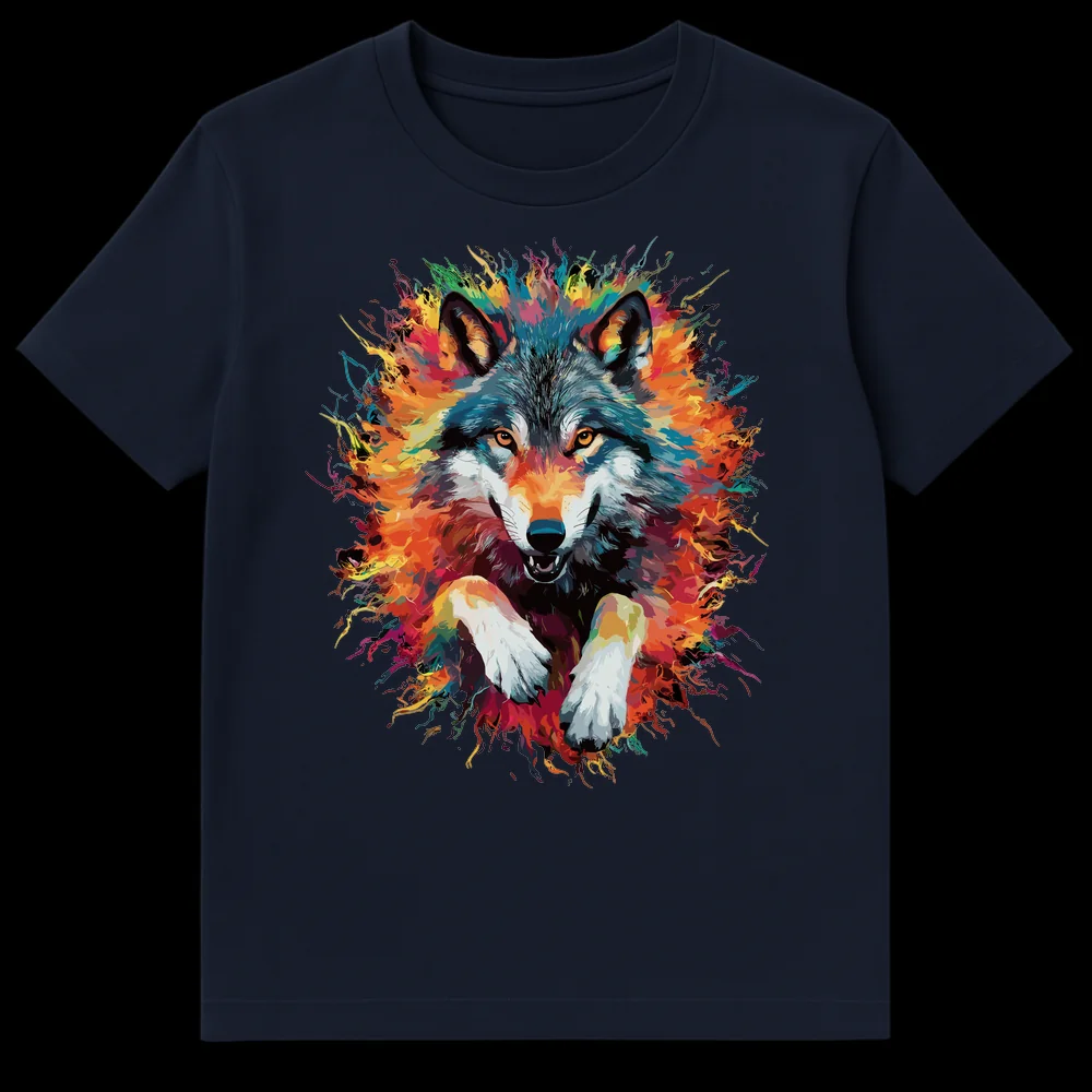 Abstract Expressionist Wolf T-Shirt with vibrant paint splatters in blue, orange, red, and green against a black background, showing a fierce wolf. on Navy Blue t-shirt