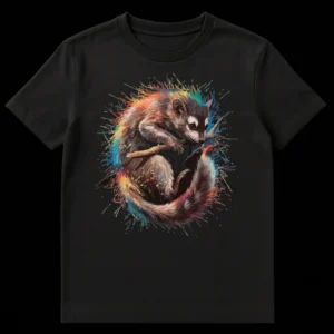 Colorful Raccoon T-shirt with Rainbow Splatter Art Design on Black t-shirt