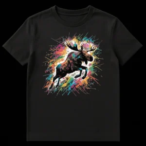 Vibrant splash art moose t-shirt with rainbow paint splatters on a black background on Black t-shirt