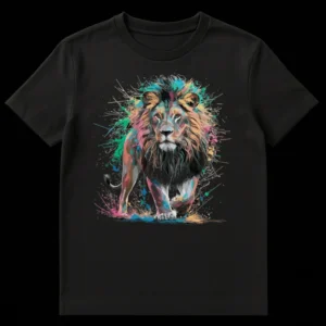Abstract Expressionist Lion T-Shirt with colorful splatter art and a powerful lion graphic on Black t-shirt
