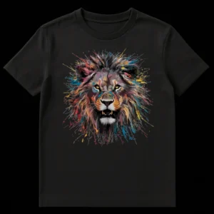 Neo-Expressionistic Splatter Lion Head T-Shirt with vibrant abstract colors on a black background, capturing a roaring lion's powerful expression on Black t-shirt