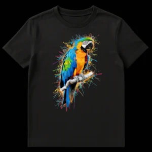 Vibrant Macaw Splatter T-Shirt with a colorful blue-and-yellow parrot design and abstract paint splashes on a black background on Black t-shirt