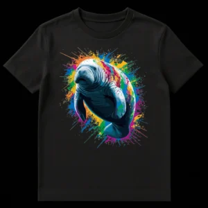 Vibrant Splatter Manatee T-Shirt featuring a gentle manatee illustration with colorful paint splatters against a black background. on Black t-shirt