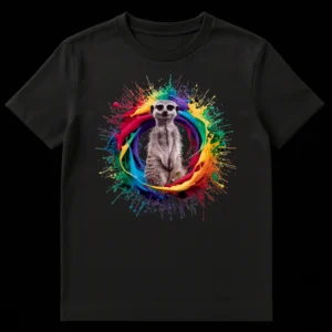 Hyper-realistic meerkat with rainbow paint splash on black t-shirt on Black t-shirt