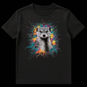 Vibrant Meerkat Splatter Art Unisex T-Shirt with colorful paint splatters on Black t-shirt