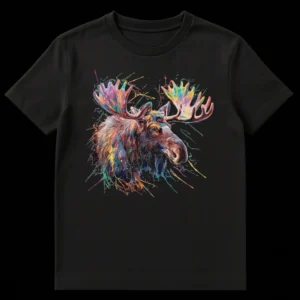 Vibrant abstract expressionist moose t-shirt with colorful paint splatter design on black background on Black t-shirt