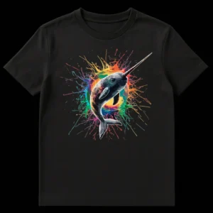 Vibrant narwhal t-shirt with rainbow paint splatters, magical sea creature design on Black t-shirt