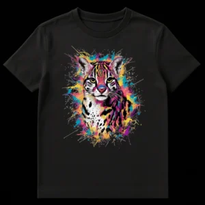 Vibrant ocelot paint splash art on a black t-shirt, colorful wild feline design with splatters and digital illustration. on Black t-shirt
