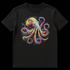 Rainbow Splatter Octopus T-Shirt featuring a vibrant, multi-colored abstract octopus design on a black background. on Black t-shirt