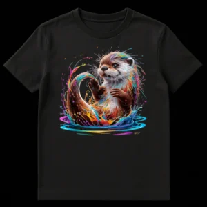 Vibrant splash art otter t-shirt with rainbow colors and Clyve signature on black background on Black t-shirt