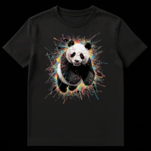 Dynamic Splash Panda T-Shirt with vibrant paint splatters surrounding a monochrome panda, artistic and energetic design. on Black t-shirt