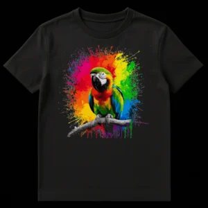 T-shirt with a vibrant rainbow macaw parrot design and colorful paint splatters on a black background on Black t-shirt