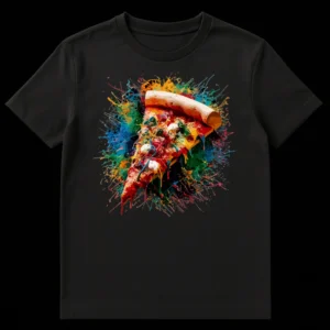 Abstract paint splash pizza slice design on a black t-shirt, featuring vibrant reds, oranges, yellows, blues, and greens. on Black t-shirt