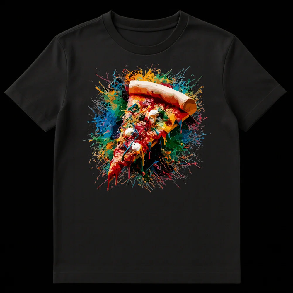 Abstract paint splash pizza slice design on a black t-shirt, featuring vibrant reds, oranges, yellows, blues, and greens. on Black t-shirt