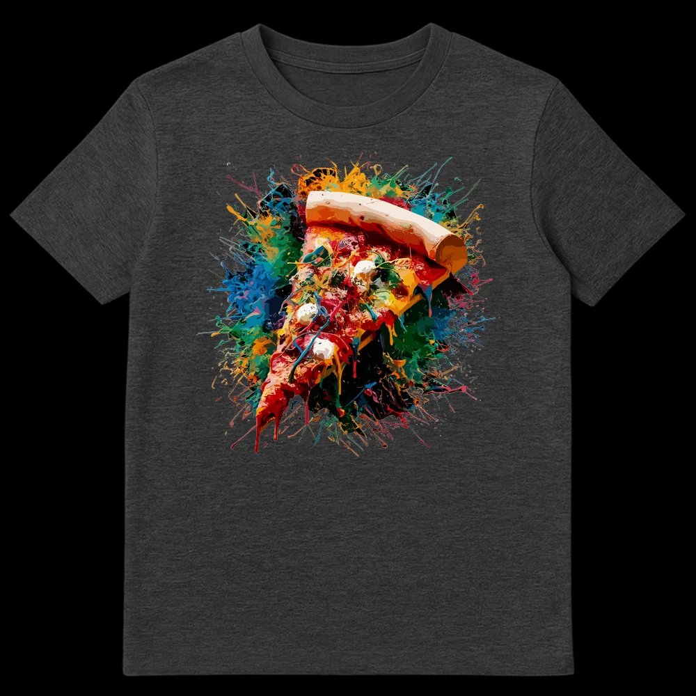 Abstract paint splash pizza slice design on a black t-shirt, featuring vibrant reds, oranges, yellows, blues, and greens. on Dark Heather t-shirt