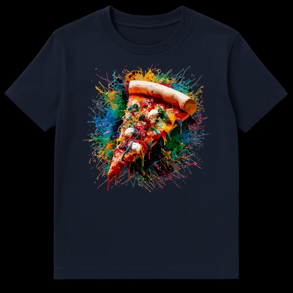 Abstract paint splash pizza slice design on a black t-shirt, featuring vibrant reds, oranges, yellows, blues, and greens. on Navy Blue t-shirt