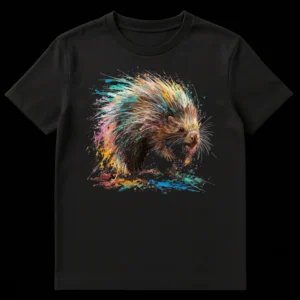 Vibrant porcupine design t-shirt with colorful paint splatters on a black background on Black t-shirt