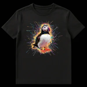 Vibrant Atlantic Puffin T-Shirt with colorful watercolor splash art on black background, showcasing a marine bird with bright orange beak and feet surrounded by energetic paint splatters. on Black t-shirt