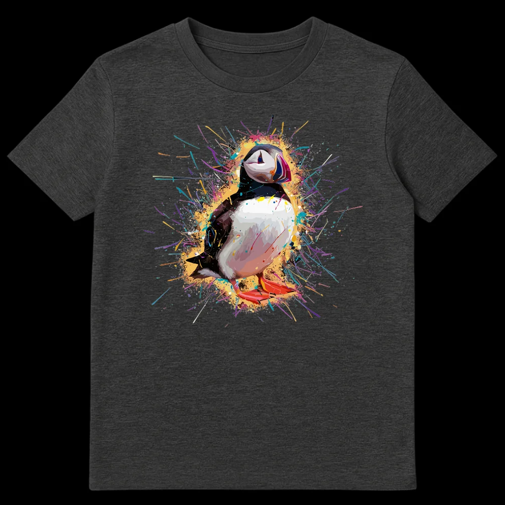 Vibrant Atlantic Puffin T-Shirt with colorful watercolor splash art on black background, showcasing a marine bird with bright orange beak and feet surrounded by energetic paint splatters. on Dark Heather t-shirt