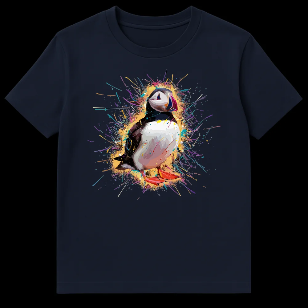 Vibrant Atlantic Puffin T-Shirt with colorful watercolor splash art on black background, showcasing a marine bird with bright orange beak and feet surrounded by energetic paint splatters. on Navy Blue t-shirt