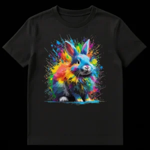 Vibrant splatter paint rabbit t-shirt with a colorful bunny design on a black background, depicting a joyful and artistic abstract animal on Black t-shirt