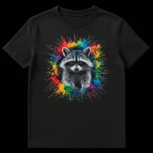 Stylized Raccoon T-Shirt with colorful paint splatters, vibrant abstract art design. on Black t-shirt