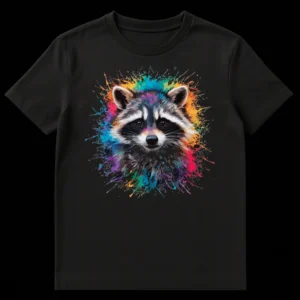 Vibrant Splatter Raccoon Pop Art T-Shirt Design with Colorful Paint Splash on Black t-shirt