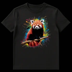 Vibrant Red Panda T-Shirt with colorful paint splatters on a black background on Black t-shirt