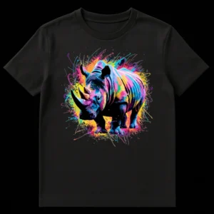 Vibrant pop art rhino t-shirt design with neon paint splatters on a black background, featuring pink, blue, yellow, and green colors. on Black t-shirt