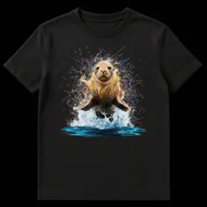 Dynamic Sea Lion Splash T-Shirt with colorful abstract watercolor art on Black t-shirt