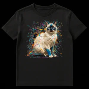 Vibrant Ragdoll Siamese Cat with Multi-Color Paint Splatters on Black T-Shirt on Black t-shirt