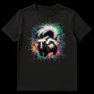 Vibrant Skunk T-Shirt with colorful paint splatters on a black background. Artistic animal graphic tee. on Black t-shirt