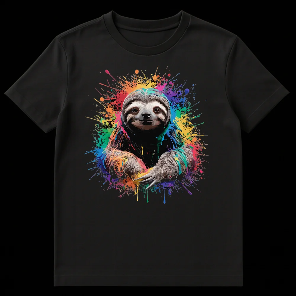 Vibrant Paint Splatter Sloth T-Shirt design on a black background on Black t-shirt