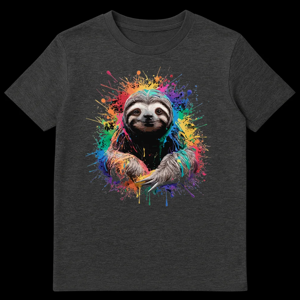 Vibrant Paint Splatter Sloth T-Shirt design on a black background on Dark Heather t-shirt