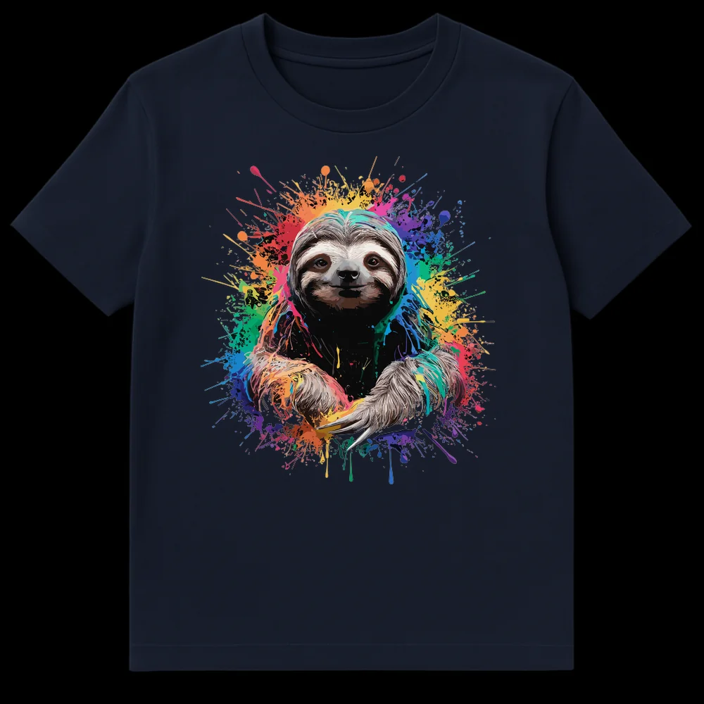 Vibrant Paint Splatter Sloth T-Shirt design on a black background on Navy Blue t-shirt