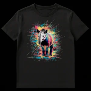 Vibrant Malayan Tapir t-shirt with rainbow stripes and colorful paint splatters on a black background on Black t-shirt